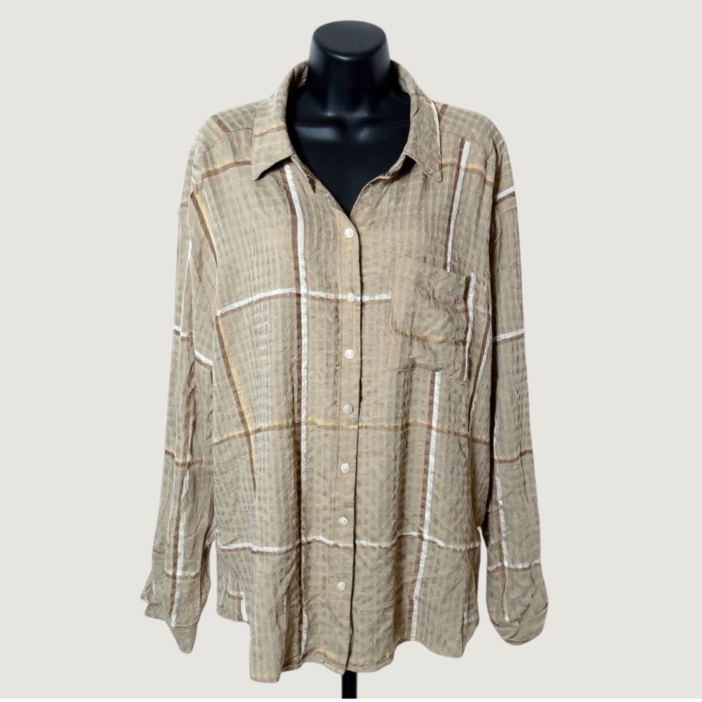 Super Soft WMNS XL Stretch Taupe Plaid Textured Button Top Cottagecore Boho Y2K